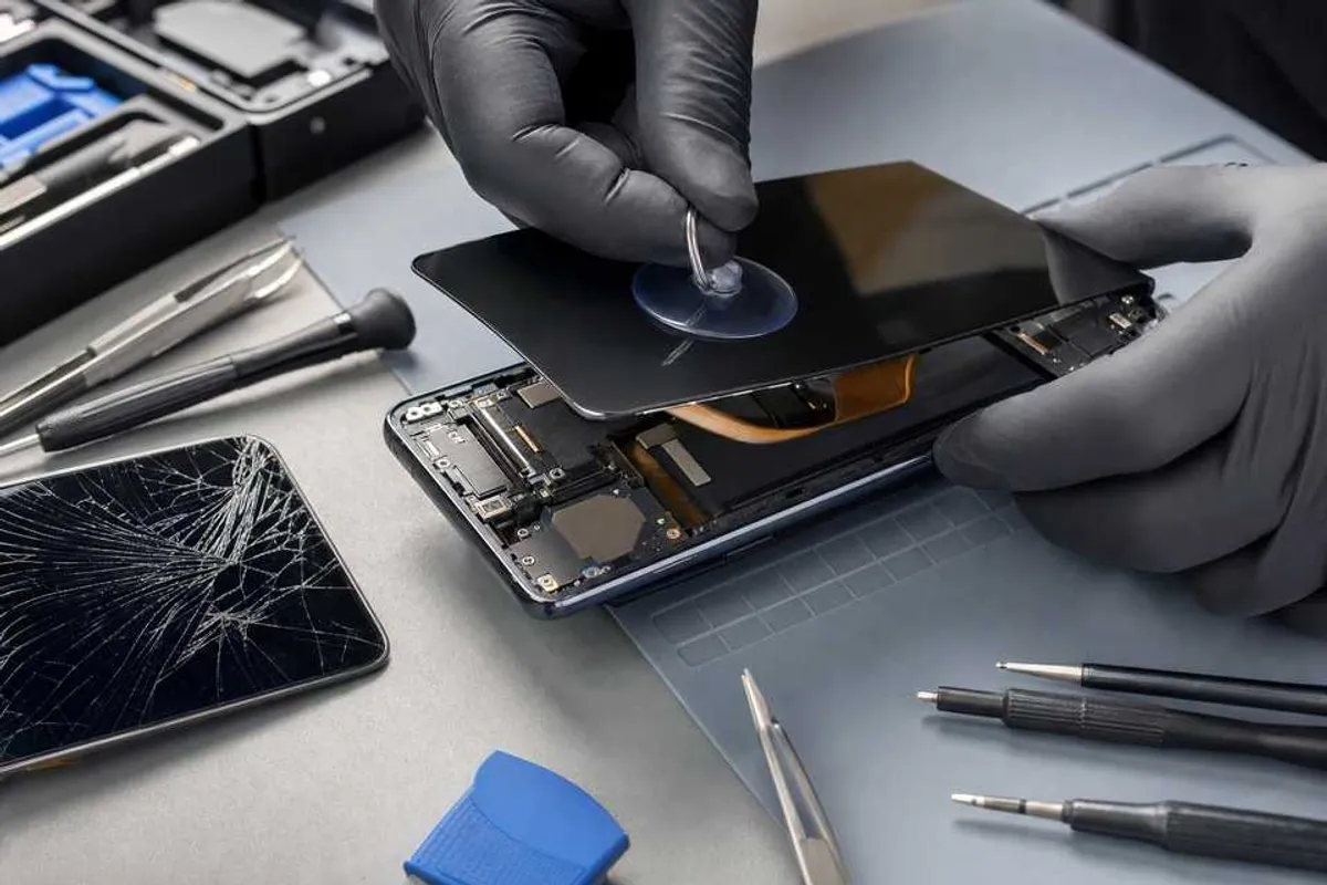 Técnico substituindo a tela trincada de um smartphone com ferramenta de sucção