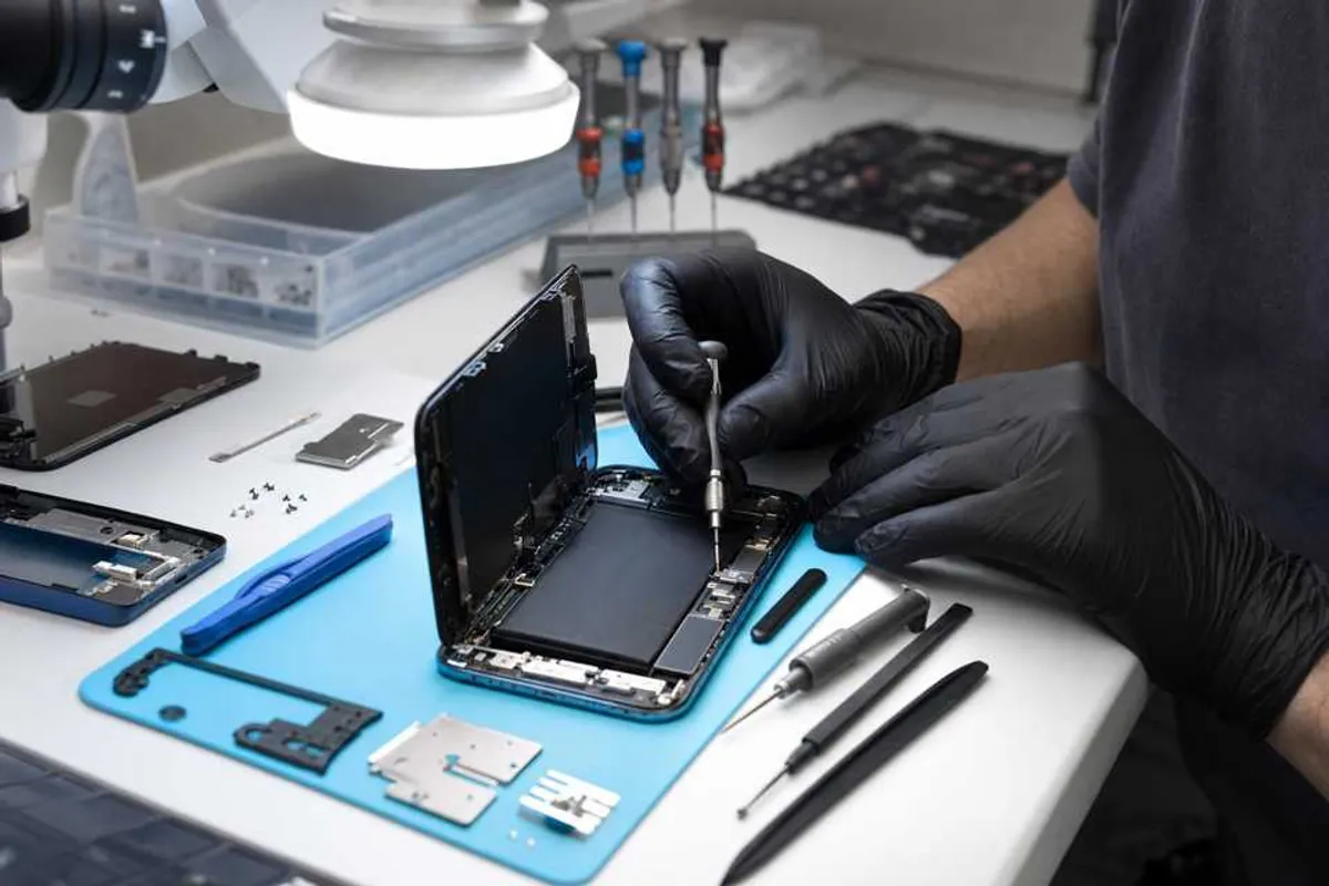 Técnico realizando conserto de tela de iPhone em bancada profissional de assistência técnica
