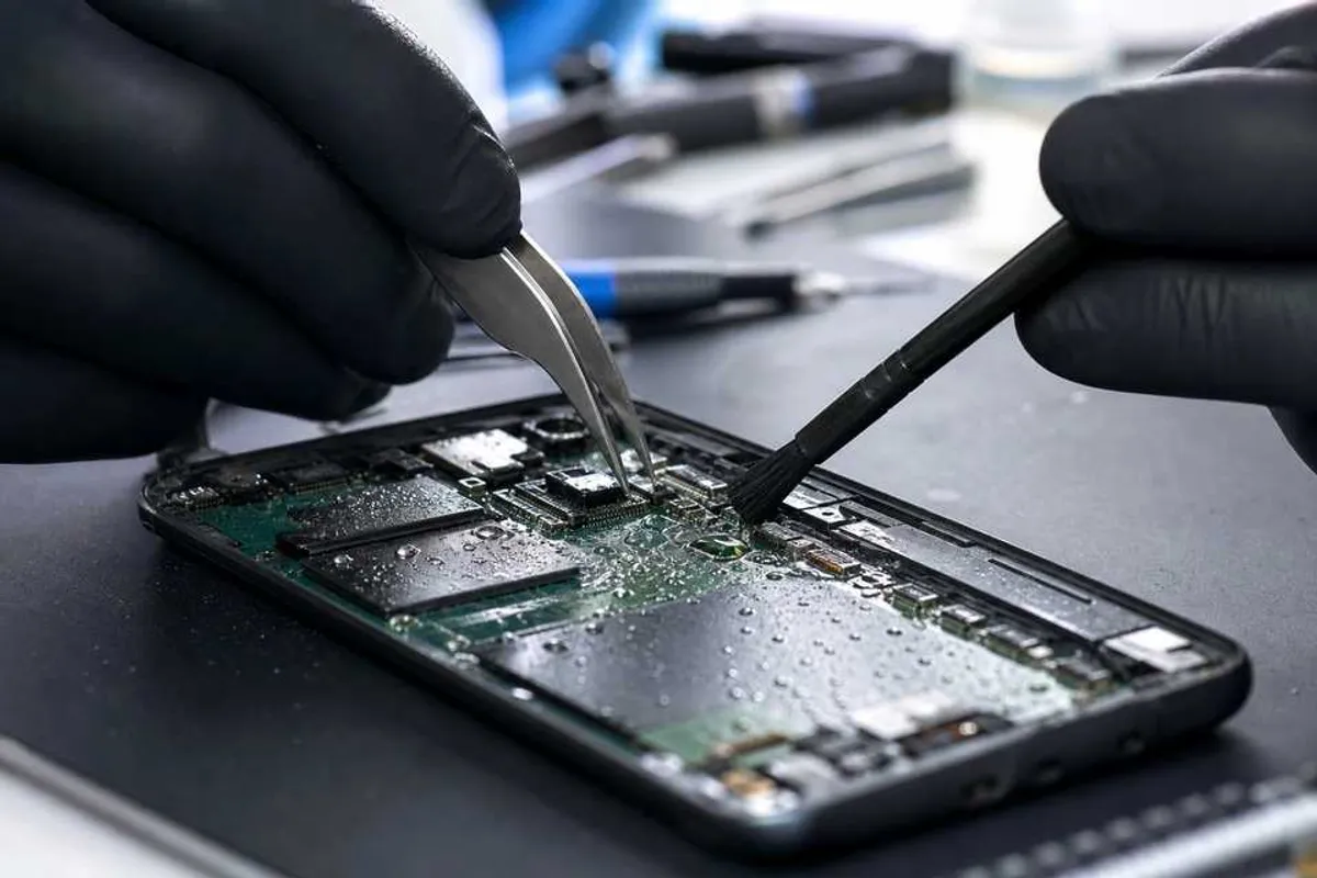 Técnico secando e limpando a placa de um celular que caiu na água em bancada de reparo
