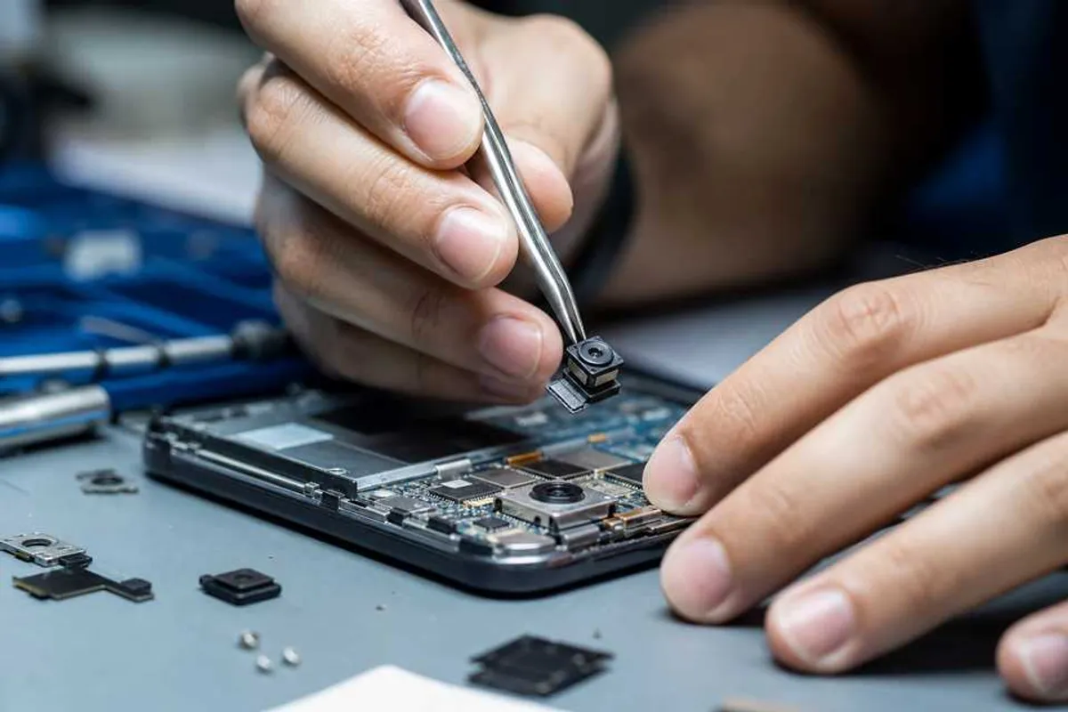 Tecnico substituindo camera de smartphone em assistencia tecnica em Bela Vista