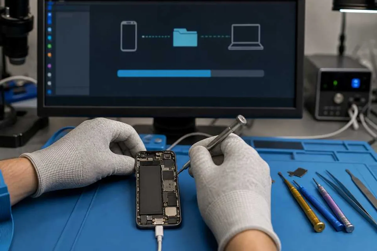 Recuperação de dados de celular conectado a computador em laboratório de assistência