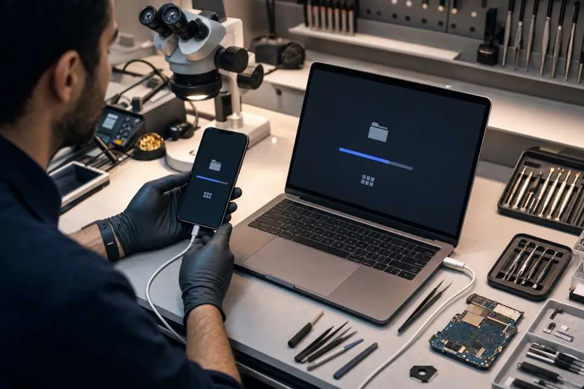 Técnico recuperando dados de celular conectado a notebook de diagnóstico em assistência técnica