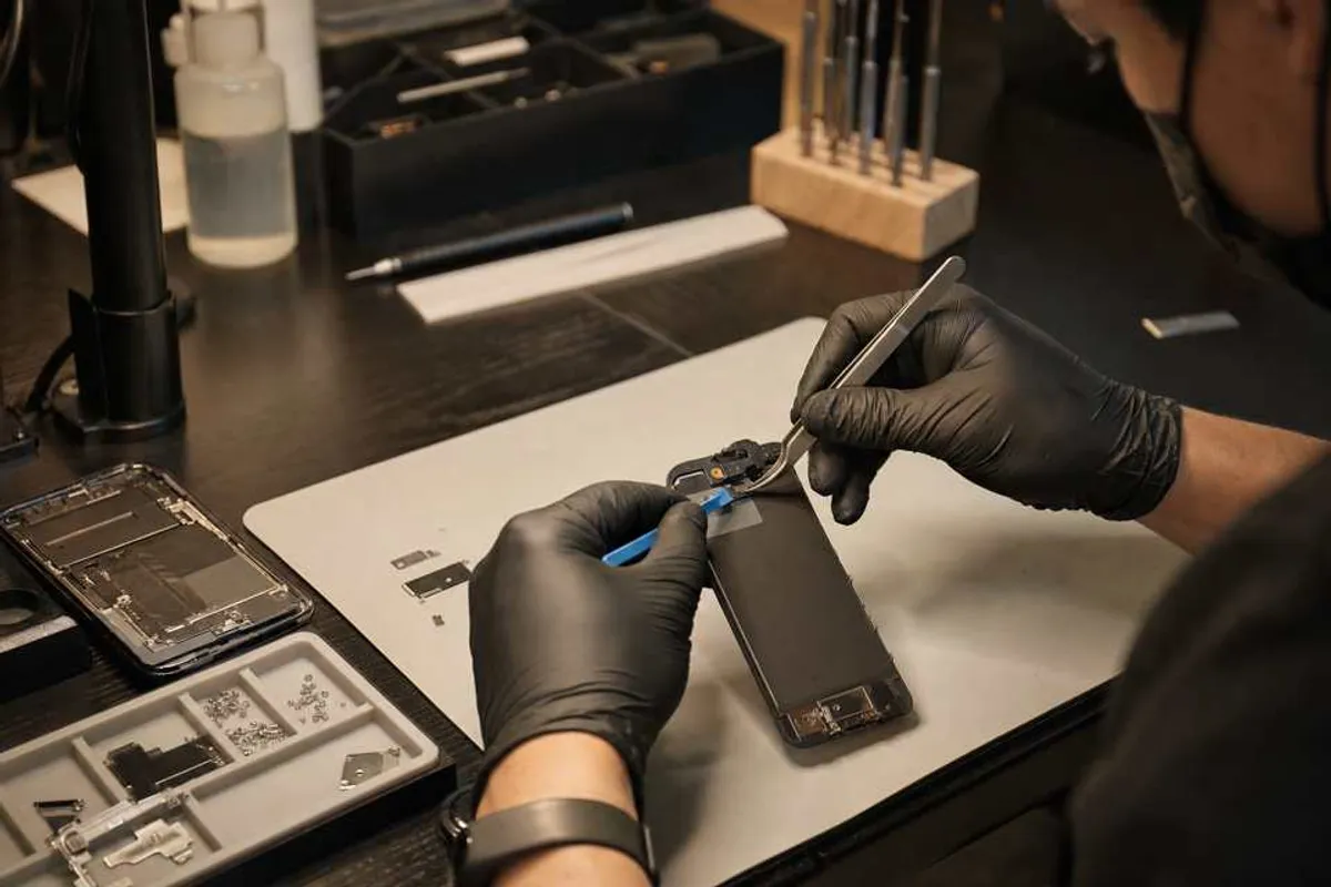 Especialista trocando tela de smartphone em bancada de assistência técnica